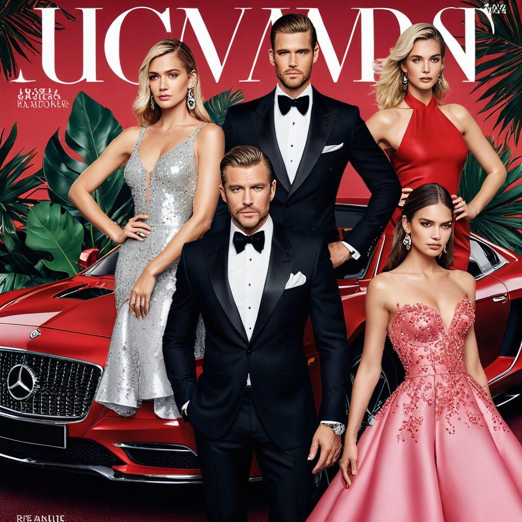 A glamorous magazine cover featuring a collage of top celebrities showcasing their unique styles, from red carpet outfits to casual streetwear. The background includes elements of luxury lifestyle, like upscale cars and luxury homes, with vibrant colors and glossy textures. Add an attention-grabbing title banner at the top, encapsulated in glitzy design. super-realistic. vibrant colors. glossy finish.