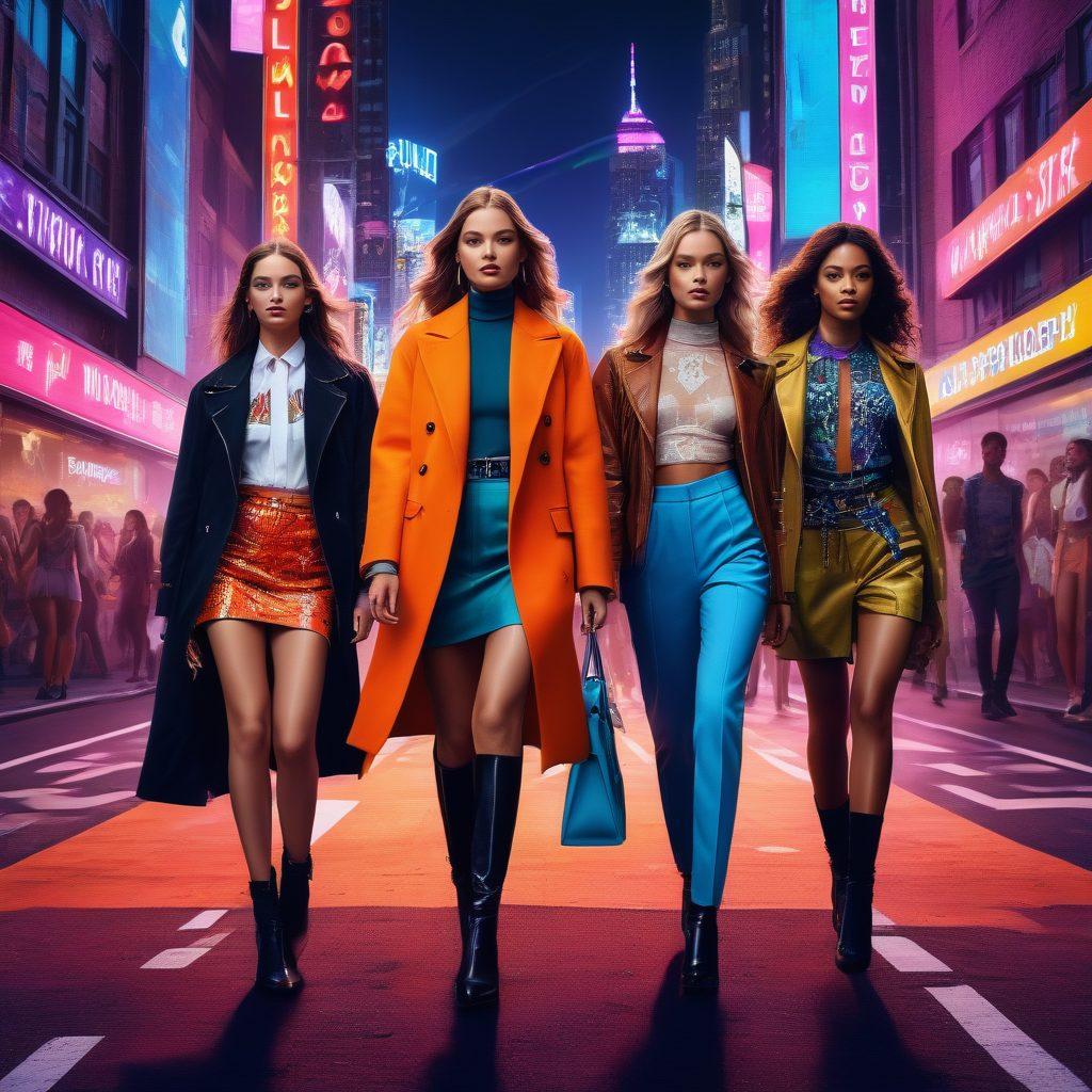 A dynamic collage blending the latest fashion trends with vibrant entertainment scenes, featuring stylish models strutting down an urban runway, surrounded by iconic movie elements like film reels and musical notes. The background buzzes with neon lights and a lively cityscape, symbolizing the pulse of modern culture. super-realistic. vibrant colors. cinematic flair.