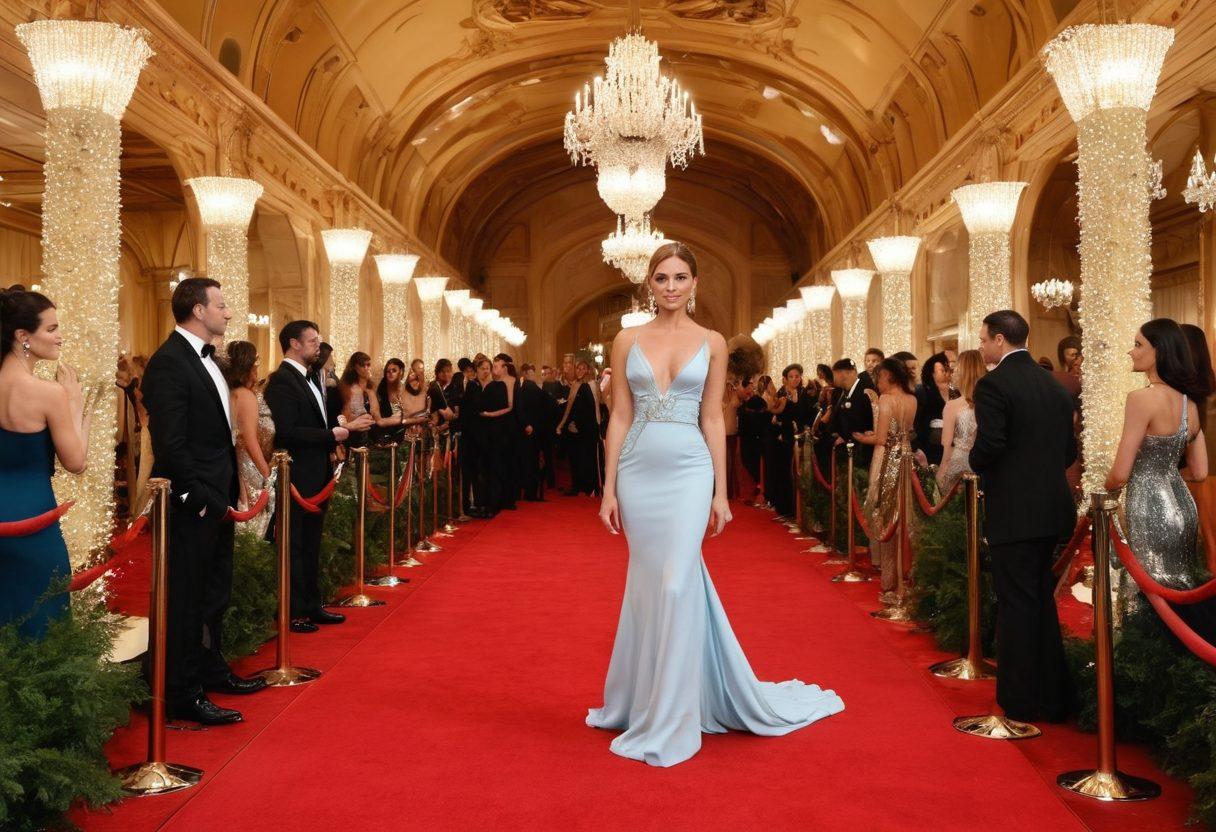 A glamorous scene depicting a lavish celebrity gala, showcasing diverse celebrities in high-fashion outfits, each highlighting unique lifestyle choices, such as healthy foods, luxury accessories, and stylish décor. The backdrop features a luxurious red carpet, twinkling lights, and paparazzi capturing the moment. The atmosphere is vibrant and opulent, inviting readers to explore the secrets behind celebrity fashion and lifestyle. super-realistic. vibrant colors. 3D.